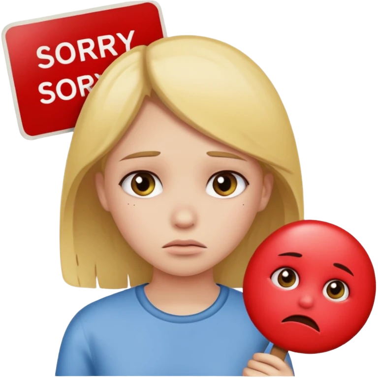 a girl with a sad face holding a sign that says sorry  emoji
