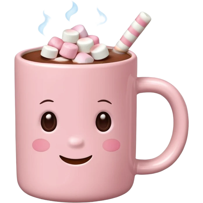 light pink mug with hot chocolate and marshmallows emoji
