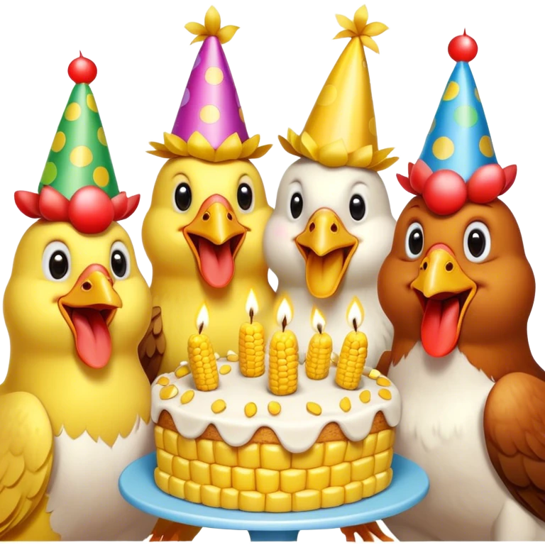 Chickens, singing, happy birthday with a corn on the cob cake ￼ emoji