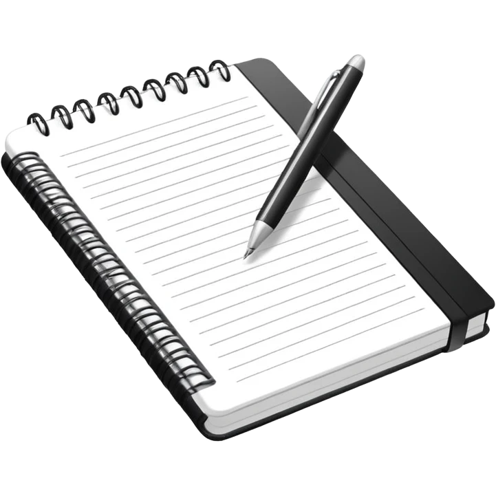 Minimal line-art icon of a notebook with a pen, clean modern style, simple outlines, slightly 3D, no background, transparent, suitable for video overlays, “documenting / journaling / tracking progress” theme. emoji