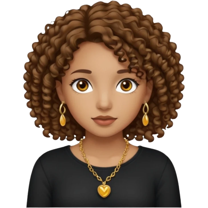 girl with tan skin, dark hazel eyes, and curly brown hair wearing a black long sleeve shirt and gold necklaces emoji