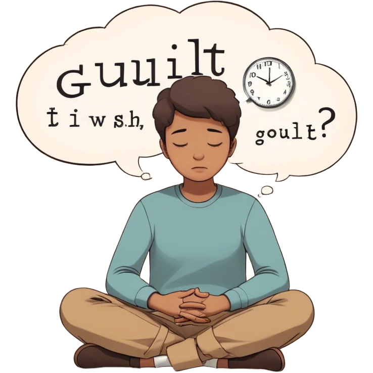 A person sits with their hands gently resting on their lap, eyes closed, exhaling slowly. Above them, a swirling thought bubble holds the words guilt and discomfort, but they don’t push it away—they just sit with it. In the background, a clock ticks softly, symbolizing the pause before responding. = emoji