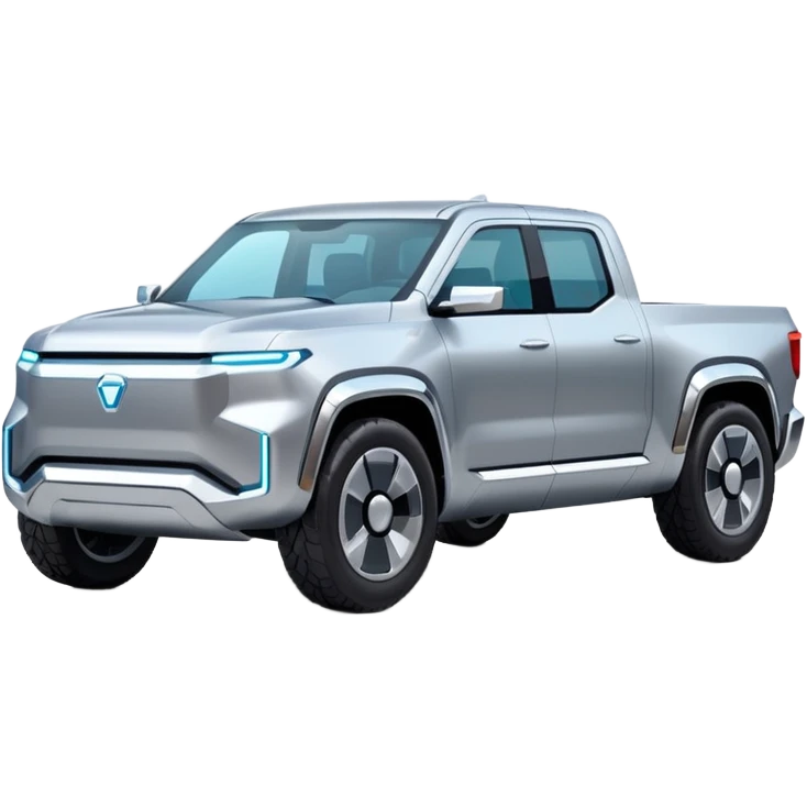 A futuristic electric pickup truck emoji, silver chrome body, angular cyber design, smooth metallic panels, subtle reflections, minimalistic proportions, iOS emoji style, centered composition, clean white background, soft lighting emoji