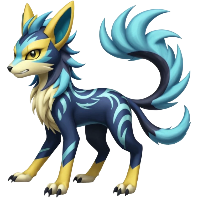 Feral Scaly Striking Slaying Badass Evil Handsome Lightning-patterned Zig-zagged buzzy fuzzy Meloetta-Renamon-Zeraora-Luxray-Cobalion-Suicune-Vernid-fusion-hybrid-creature, full body  emoji
