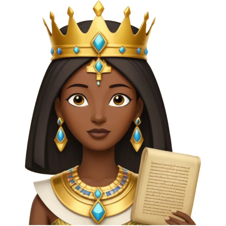 A graceful pharaoh queen wearing a tall crown, elegant posture, and holding a small sacred scroll.
 emoji