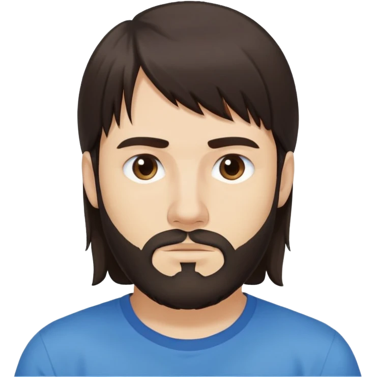 Caucasian Argentine man with long straight dark brown hair, loose hairstyle with bangs, shoulder-length hair, short full beard, serious-neutral expression, basic blue t-shirt emoji