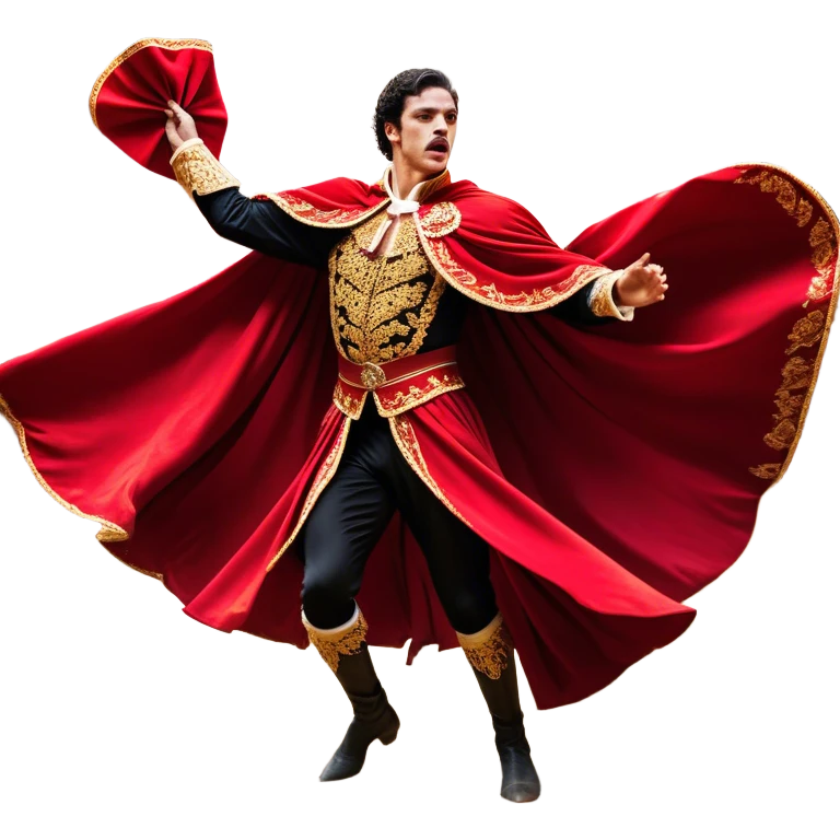 ​Cinematic Realistic Spanish Matador Holding a Red Cape, depicted in mid-action with a vibrant red cape flowing in the wind, dressed in an ornate traje de luces with shimmering details, confronting a charging bull in a dramatic arena, rendered with dynamic motion blur and vivid, high-contrast lighting, emoji