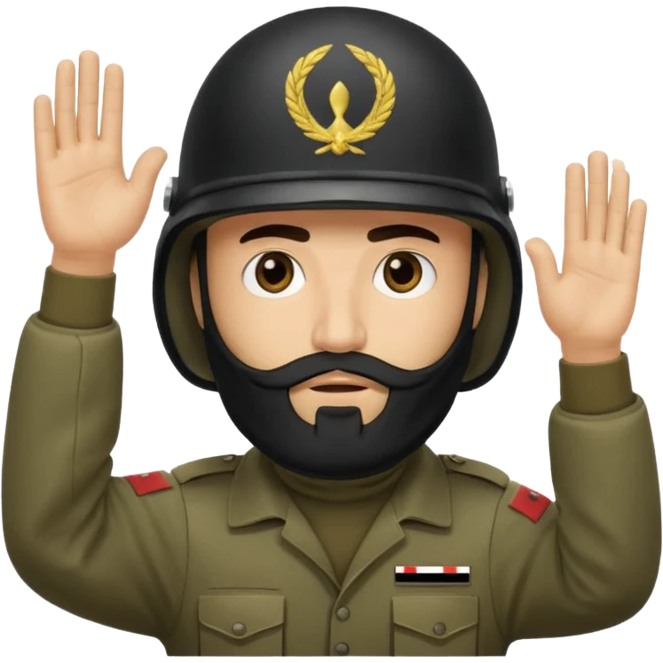surrenders, depicts an Iraqi soldier from 1980, with a beard, in a helmet, a helmet "WITHOUT" insignia, with a balaclava, with sad eyes and both hands raised up emoji