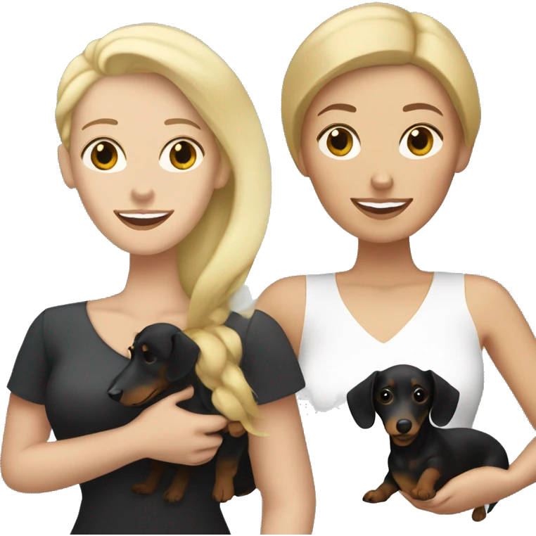 Blonde white woman and Brunette white woman holding black and tan dachshund emoji