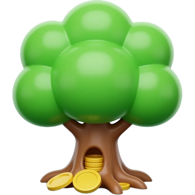 Glossy 3D tree emoji, green leaves, gold coins inside, dark background, simple shapes. emoji