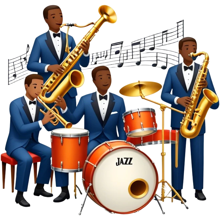 Icon for Jazz Music: The Jazz Messengers, featuring a dynamic composition with Art Blakey on drums and musicians playing saxophone, trumpet, and piano. Musical notes and a warm jazz club atmosphere emphasize the vibrant hard bop style. Transparent background. emoji