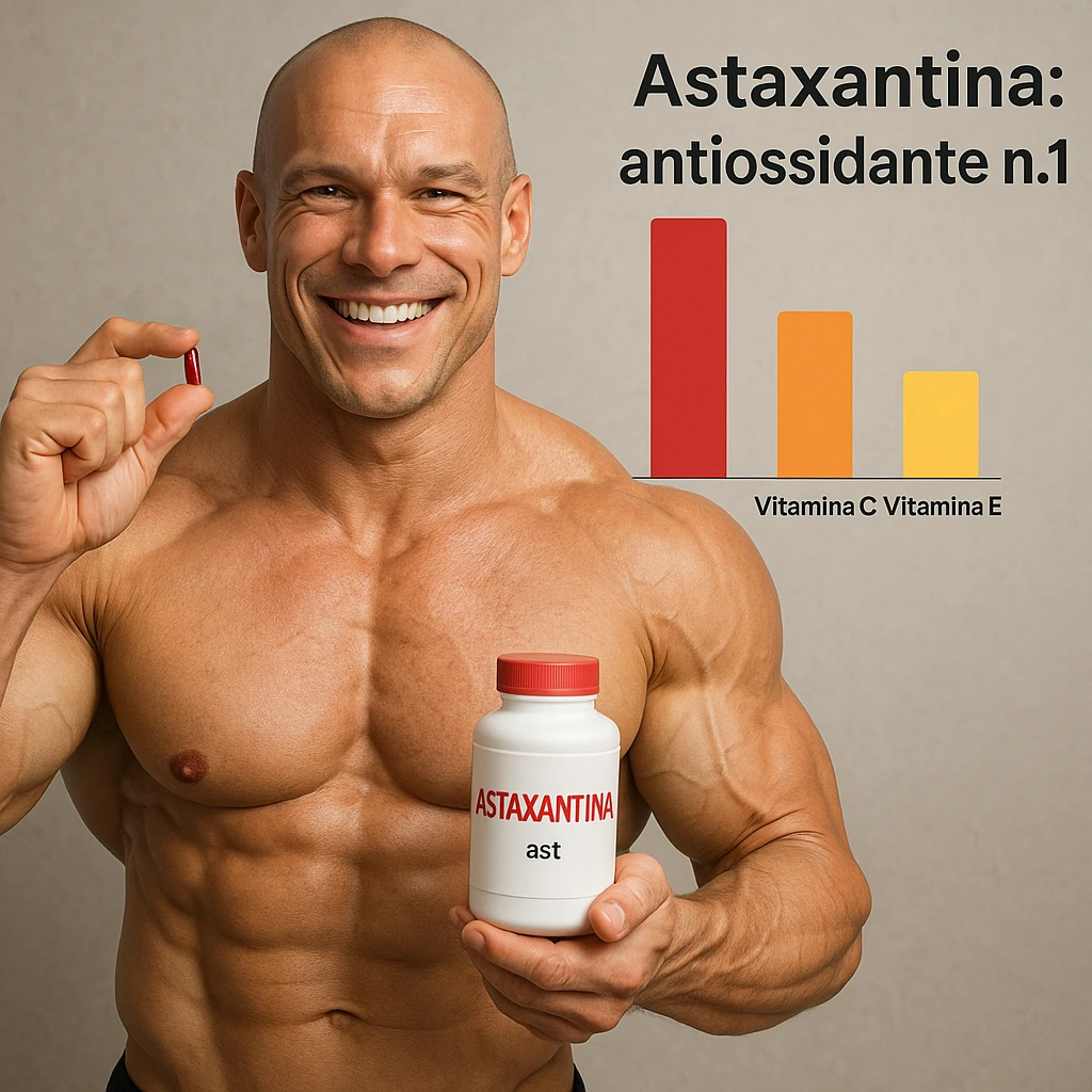 hyper realistic bodybuilder smiling showing Astaxantina, vitamin C and vitamin E, defined muscles, bar chart, text 'Astaxantina: antiossidante n.1', positive atmosphere emoji