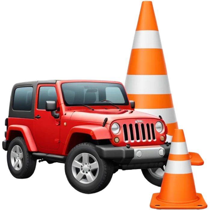 red Jeep Wrangler driving over a completely all-white traffic cone with no orange, no stripes, no markings, emoji style emoji