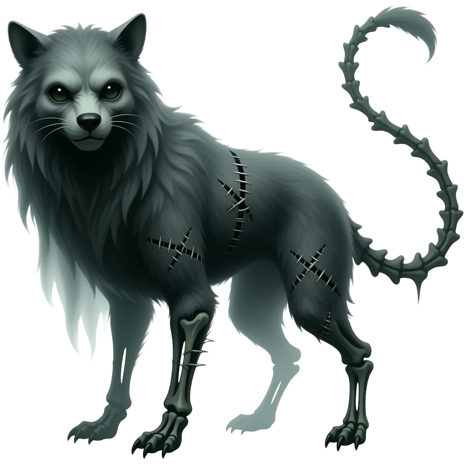 spectral spooky dark bleak blackish swampy gloomy ghostly dark greyish dark-deep-greenish foggy eldritch beautiful realistic edgy fantasy ghoul-like stitched vernid-sergal-fursona animal creature with a bony long thin tail emoji
