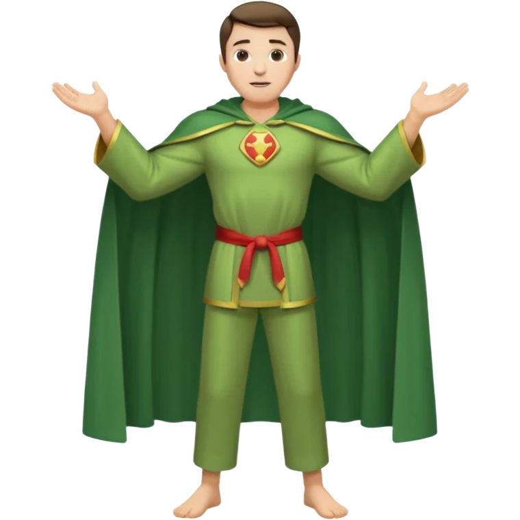 standing up healthy perfect man in simple greenish robe with cape and pants arms open emoji