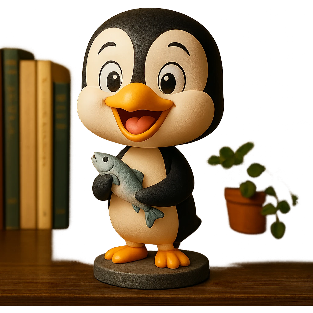 penguin holding a fish, cheerful expression emoji