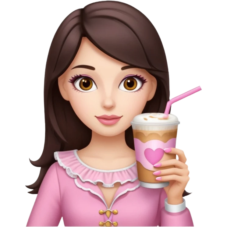 white brunette with brown eyes and a pink coquette outfit, drinking a caramel machiatto emoji