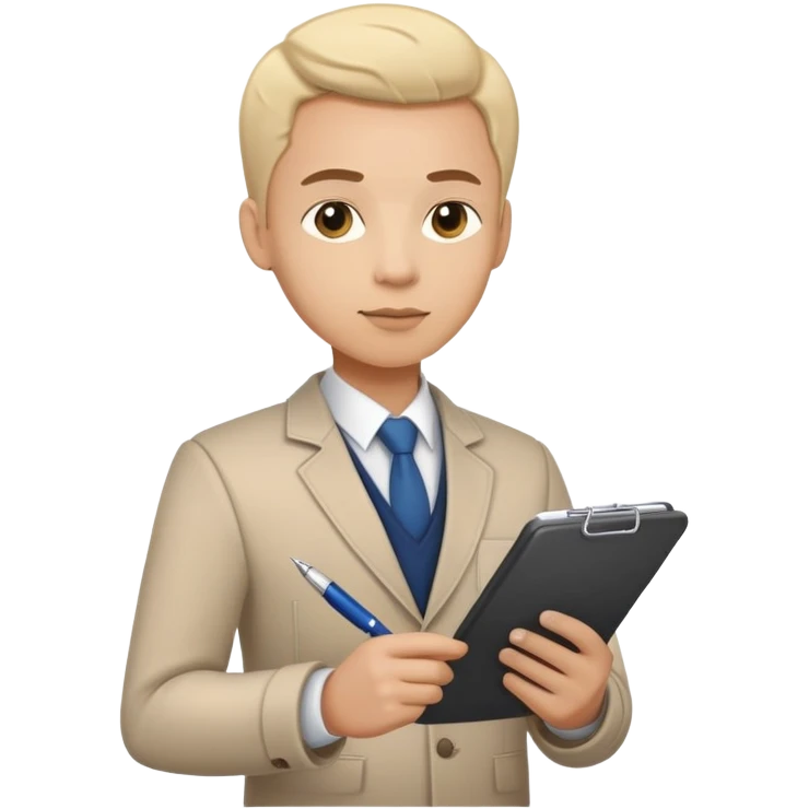 A person holding a checklist and pen is wearing smart casual clothing. The character is in a focused pose emoji