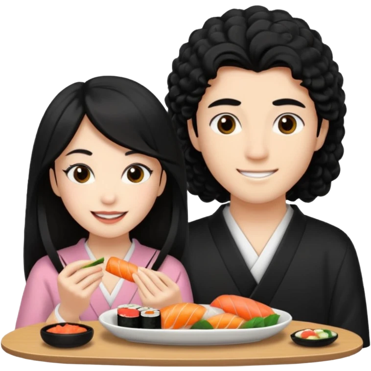 czarnowłosa ksieżniczka w dlugich wlosach je sushi z chłopakiem o czarno brązowych kręconych włosach i są zadowoleni i są nastolatkami i te włosy są lekko krecone i chłopak ma włosy do wysokosi nad brwiami emoji