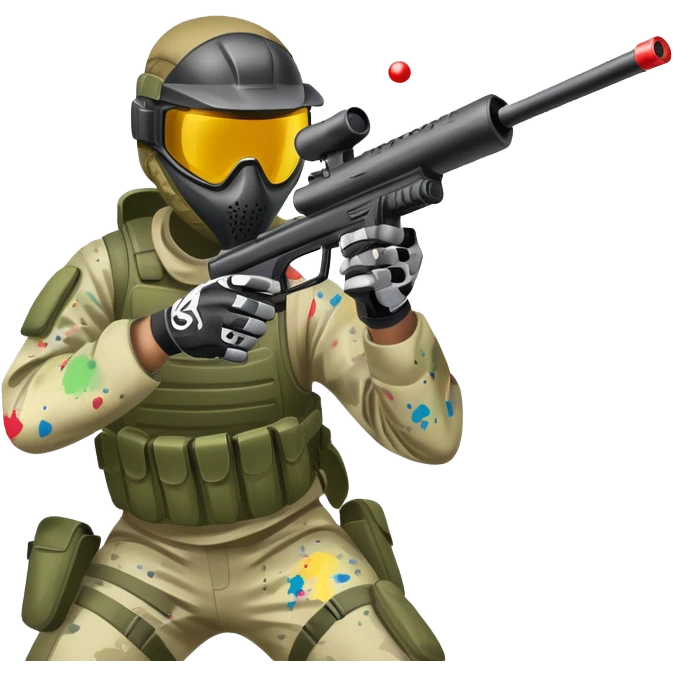 A paintball player in full gear, aiming a paintball gun with focus and determination. The scene includes vibrant splashes of paint and a dynamic battlefield setting, emphasizing action, strategy, and teamwork in a competitive environment emoji