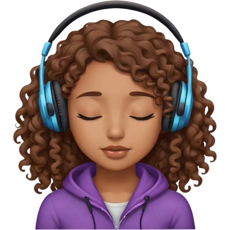 Light brown skin girl, long curly brown flat hair, eyes closed, headphones on listing to music emoji