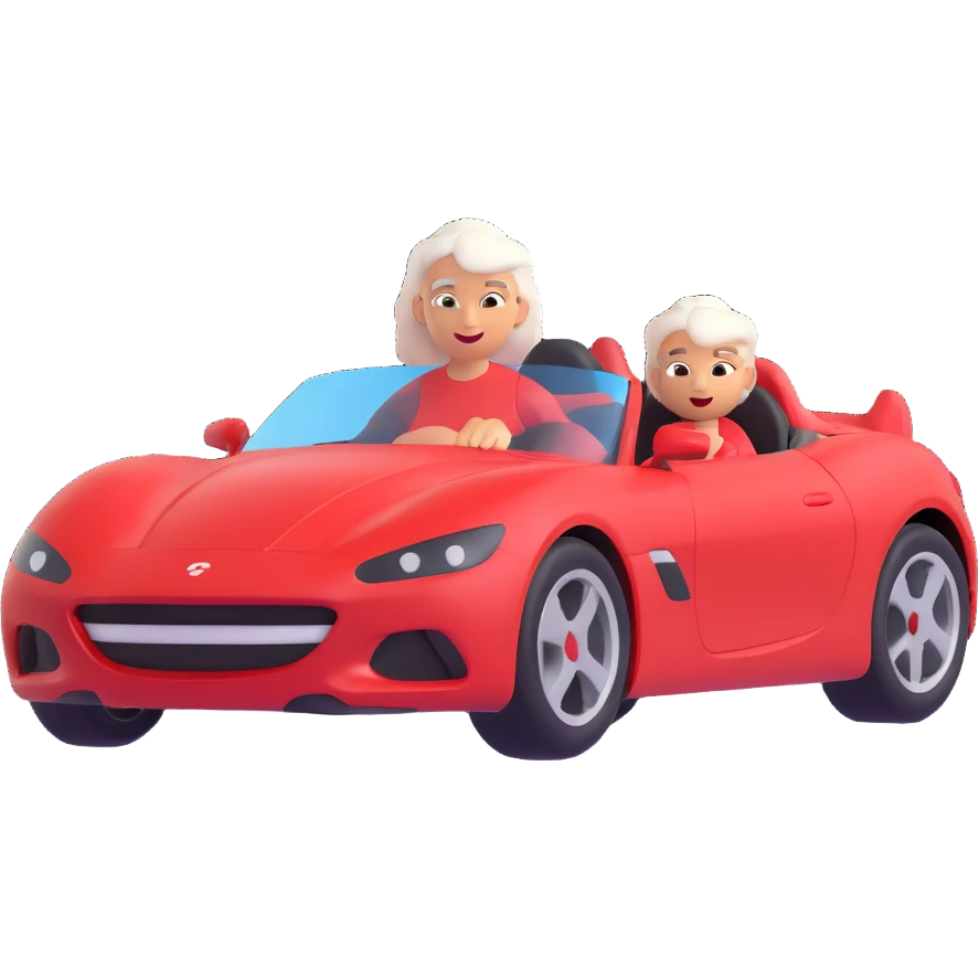 Make the red sports car 20% more realistic while keeping the mother with white hair looking fast and furious, dynamic motion effects, sporty 3D emoji style, no background emoji