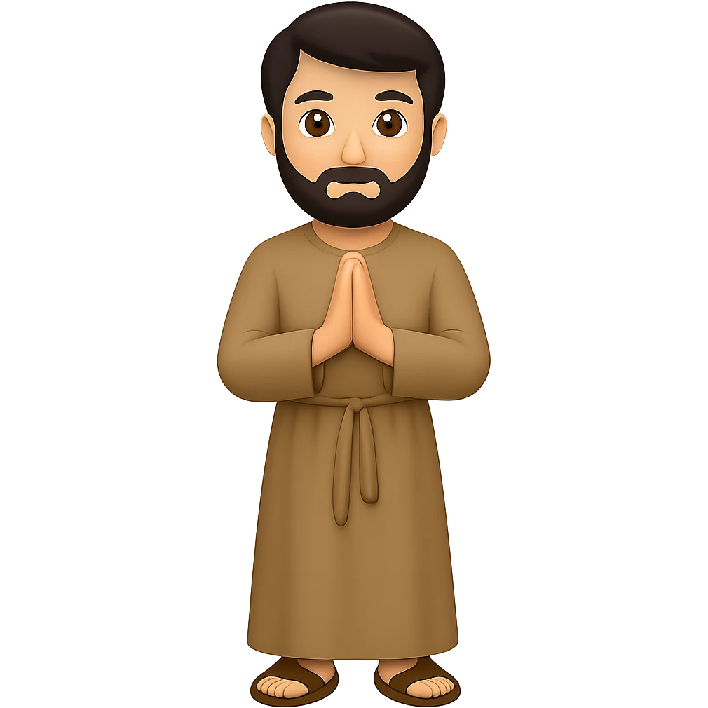 Create a full body, standing front view emoji style illustration of Saint Joseph wearing a long tan robe similar to the reference. He has dark brown hair and a beard. The style should be consistent with emoji style and the background should be removed. Produce new variations similar to previous results. emoji