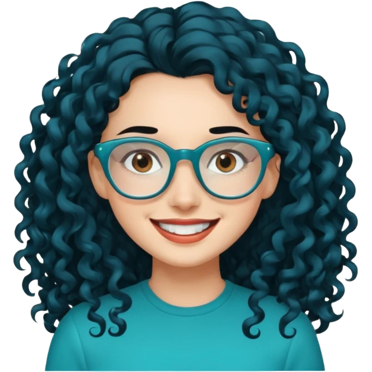 woman with long curly black hair, large forehead, brown eyes with teal blue glasses, white skin, smiling with teeth emoji