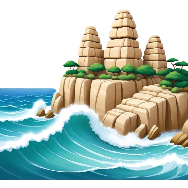 Cinematic Realistic Raouche Rocks, Beirut Landmark Emoji, depicting the majestic limestone rock formations rising from the Mediterranean Sea, with waves crashing against their bases under a vibrant sky. emoji