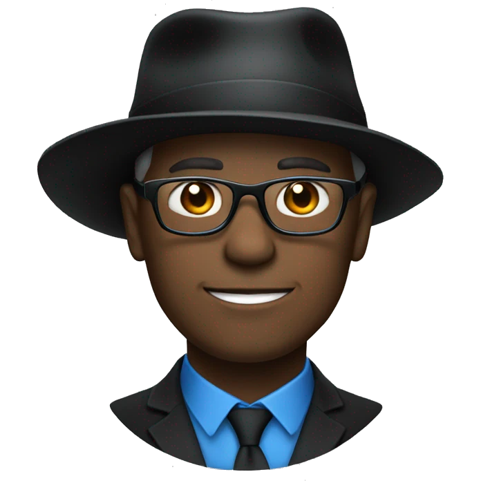 black hat on white man with black glasses and blue eyes emoji