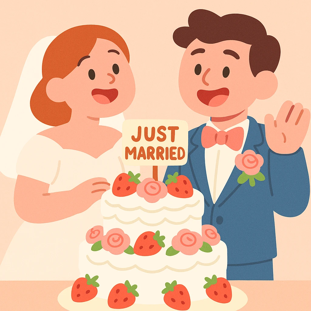 white wedding cake with strawberries, pink roses, 'Just Married' topper, pastel toon style emoji
