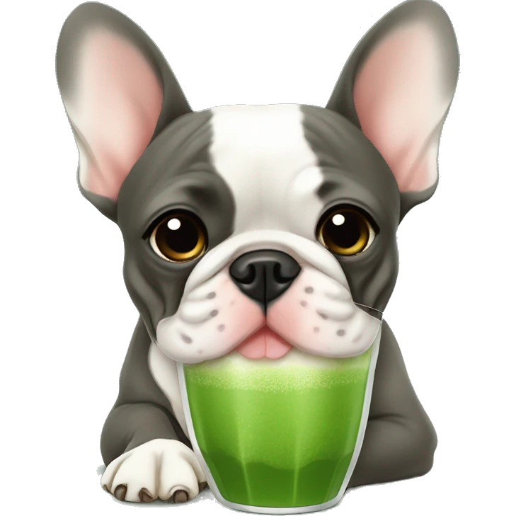 French Bulldog drinks matcha emoji