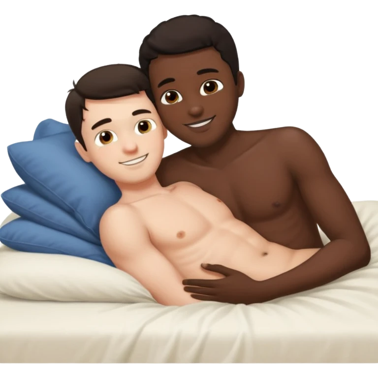 Dark hair adult White male laying back on the bed naked kissing adult black male emoji