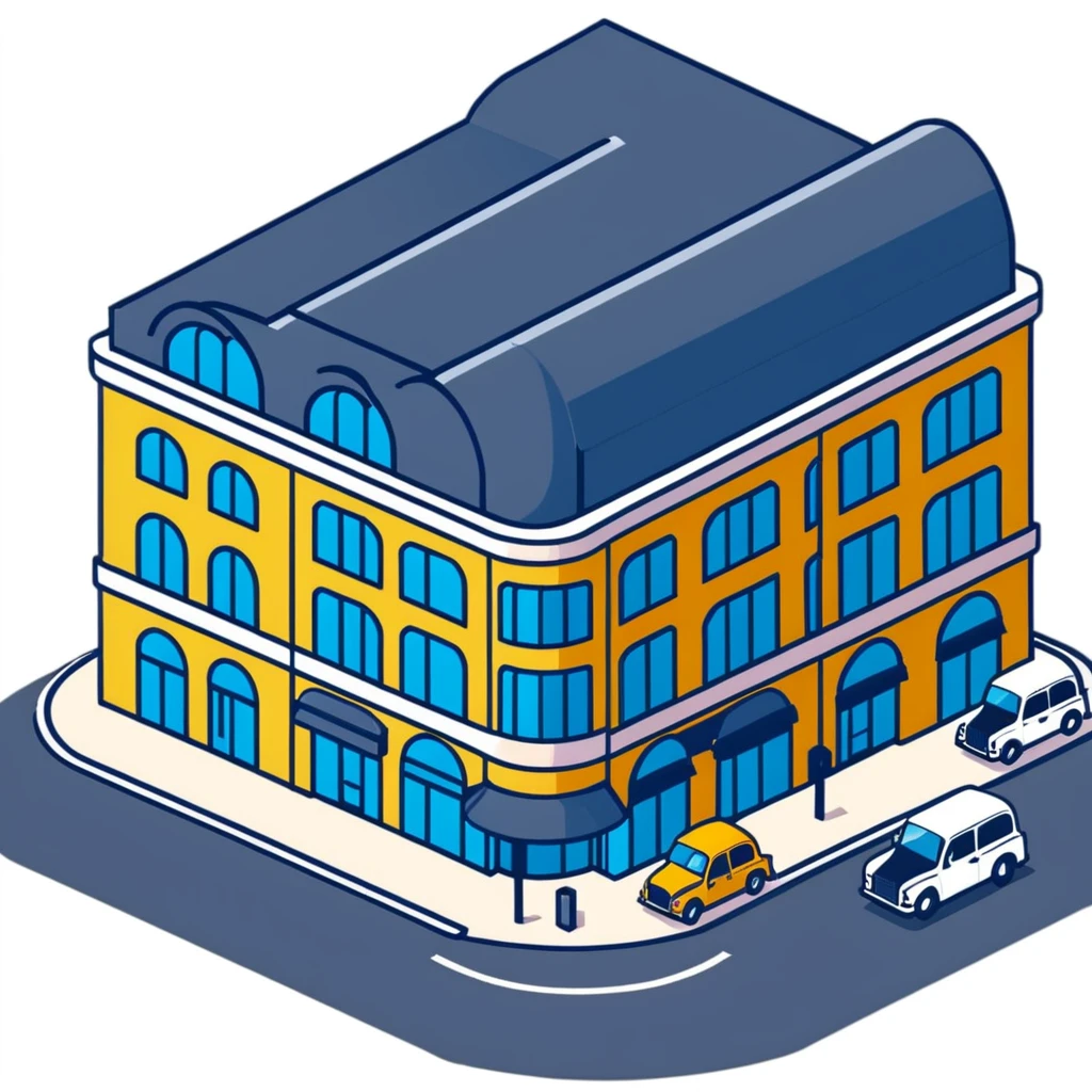 Isometric Marks & Spencer food hall building exterior with typical British architecture, covered entrance, and car park with black London taxi emoji