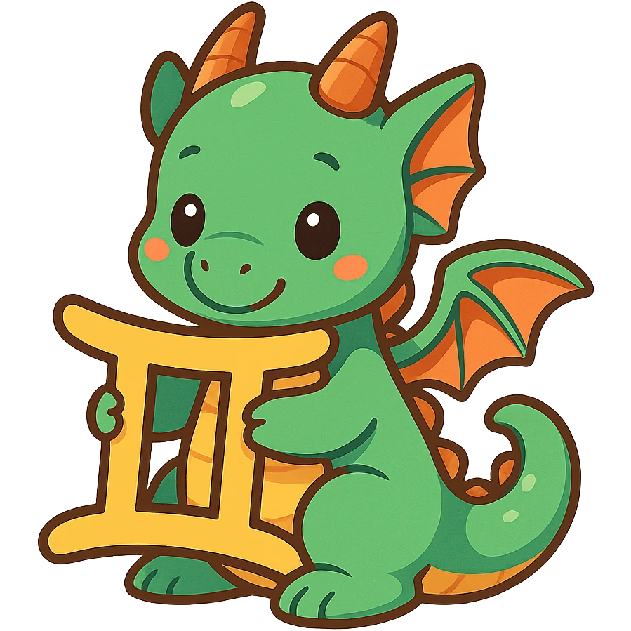 a dragon holding or interacting with the Gemini zodiac symbol, vibrant emoji style, colorful, cute, playful emoji