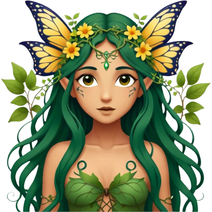 Cinematic Realistic Forest Nymph Fairy Portrait, depicted with lifelike, sun-kissed tanned skin that radiates an earthy glow, softly illuminated by natural, dappled light. Her long, flowing dark green hair is intricately detailed and interwoven with delicate vines and wildflowers, while her deep, soulful eyes mirror the wisdom of the forest. Dressed in an attire inspired by nature’s palette—with subtle botanical motifs—the portrait exudes a soft, enchanted glow that melds realism with woodland magic showing her large butterfly wings from her back. emoji