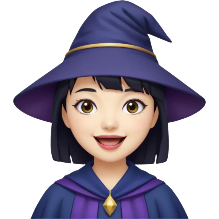An Asian short-haired girl with short raven hair and bangs, with heterochromia eyed, eyeliner, and laughs with teeth and her tiny fang of mauve-toned lipstick, wears a dark navy wizard hat with an emblem on it. emoji
