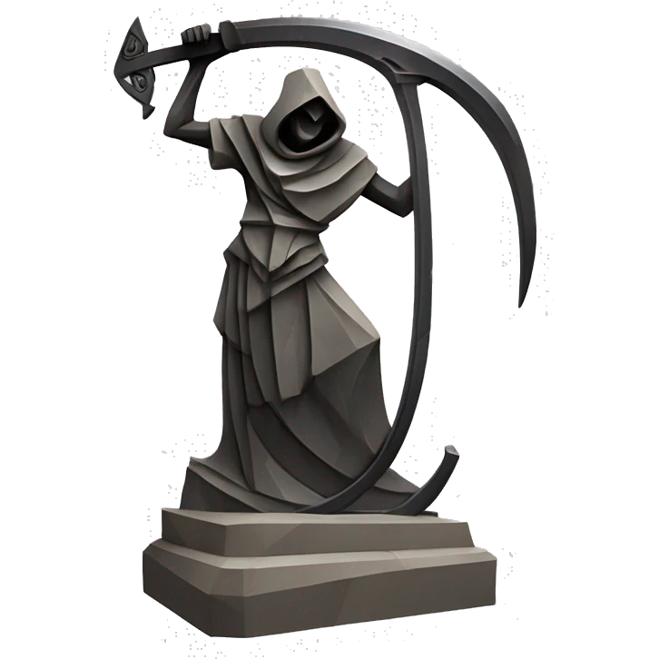 Stone sculpture Reaper scythe with a geometric, faceted design. The scythe is standing upright on a base with angular and baroque features. The vibrant midtone subtlety of dark neutrals highlights the sharp edges and planes.  emoji