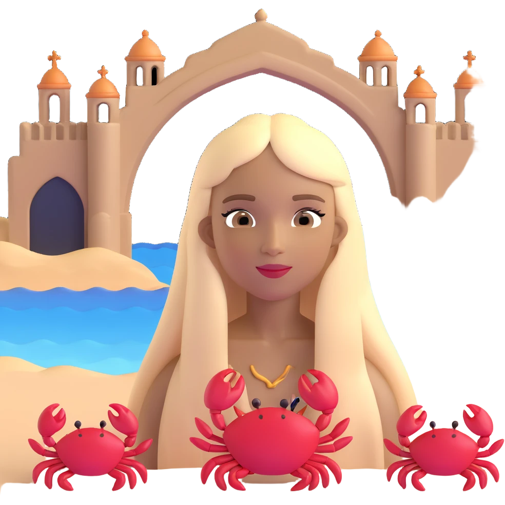woman with long straight darker blonde hair, light brown skin, with the three iconic arches of Atalaia Beach (Aracaju-SE) in the background, and a small crab as a detail near her emoji