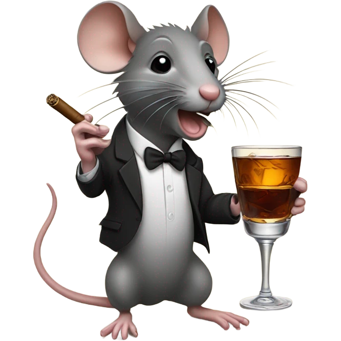 A rat, smoking a cigar and drinking a glass of bourbon emoji