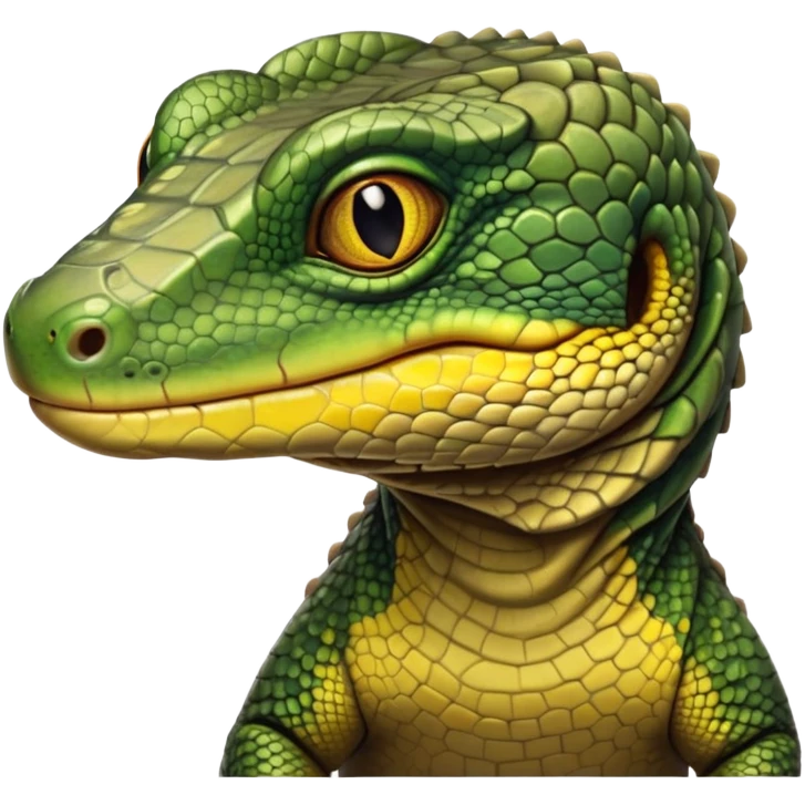 cinematic-realistic-cute-monitor-lizard-portrait-emoji,-head-tilted-playfully-and-inquisitively,-featuring-a-compact,-agile-body-with-finely-detailed,-glossy-scales-in-earthy-olive-hues-and-a-distinct,-alert-face-with-bright,-curious-eyes, black , yellow spotted and green band  scales emoji
