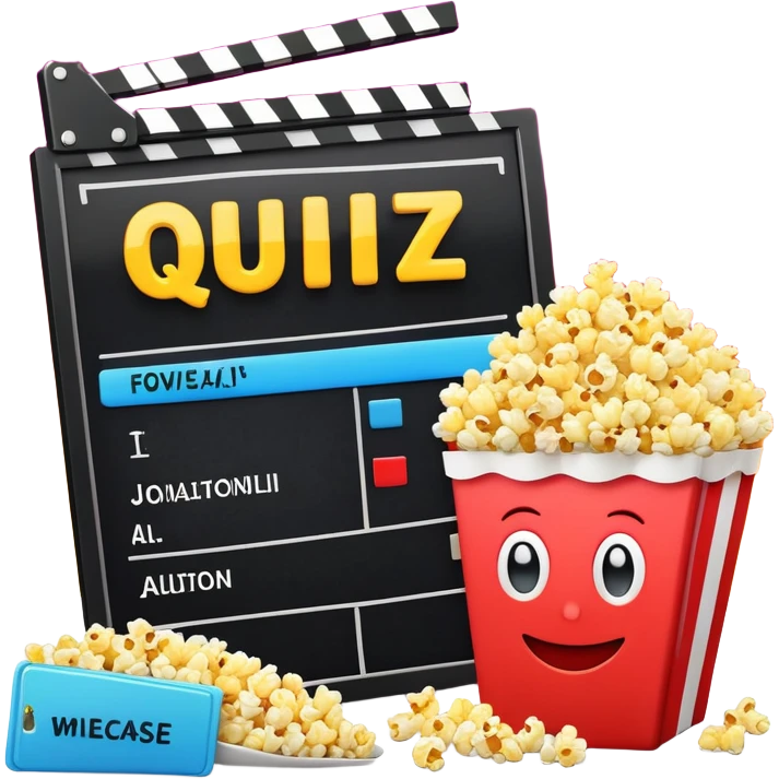 A colorful title slide for "The Emoji Movie Quiz" slideshow game with movie clapperboard, popcorn, and quiz elements arranged in presentation format emoji