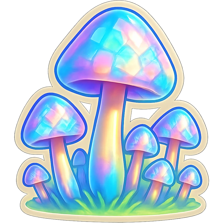 a field of opal crystal mushrooms with glowing stems emoji