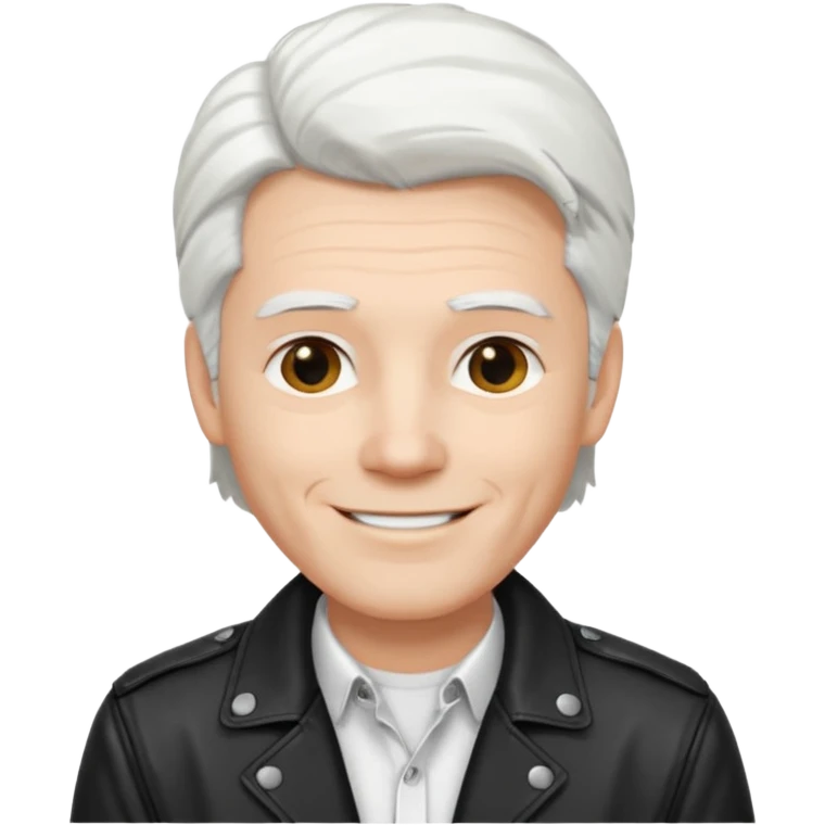Man with white hair parted in the middle, black in color, shoulder-length, smiling, wearing a white shirt and a black jacket emoji