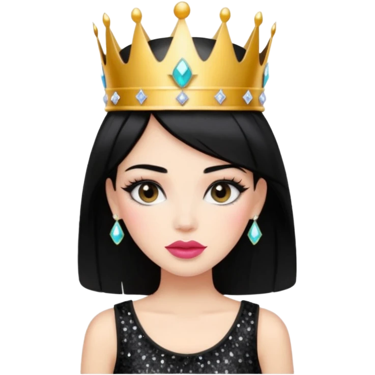 Chica con pelo negro y labios gruesos maquillada hermosa con una corona de brillos y un top negro moderno  emoji