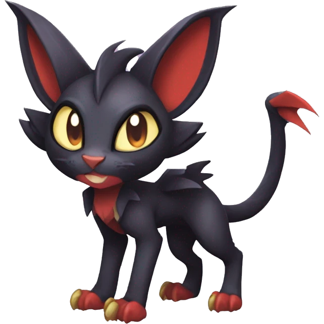 Black cool beautiful vampiric Noivern-Litten-Lykoi-Caracal-Fakemon with big bat ears full-body emoji