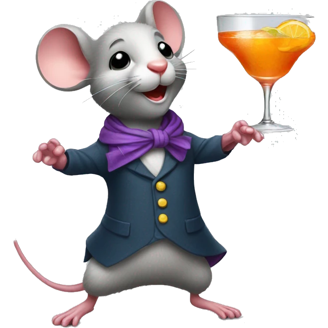 a dancing mouse with a small scarf holding a fancy cocktail emoji