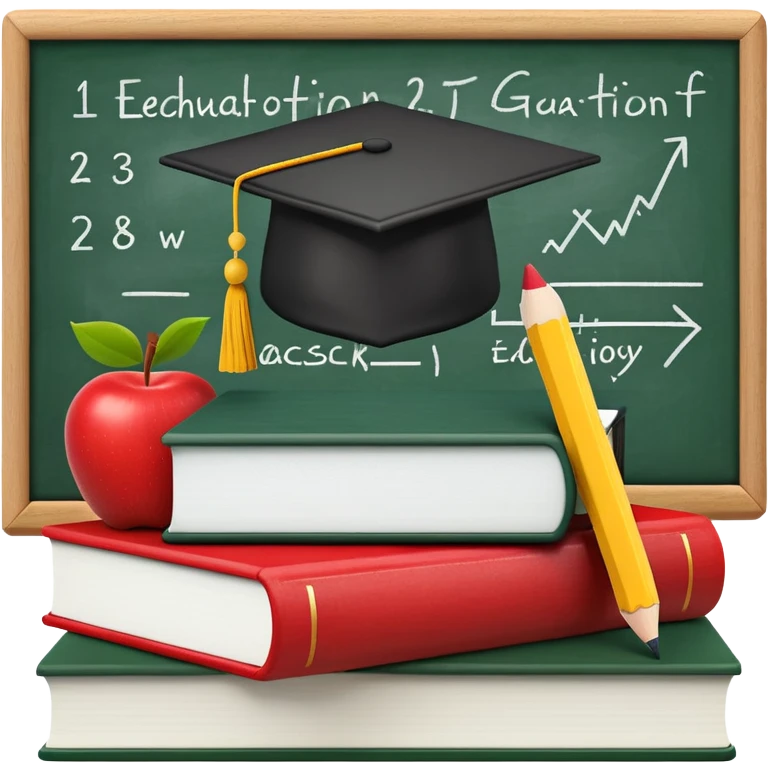 An icon featuring a chalkboard with educational equations, an apple, and a pencil, symbolizing pedagogy. The design includes a stack of books and a graduation cap, representing teaching and learning. Transparent background highlights the dedication to education and mentorship. emoji