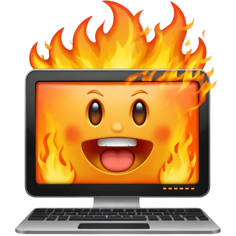a computer screaming in excitement, fire behind it emoji