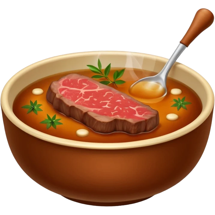 beef stock in a bowl, brown liquid, a bone and herbs visible, emoji style emoji